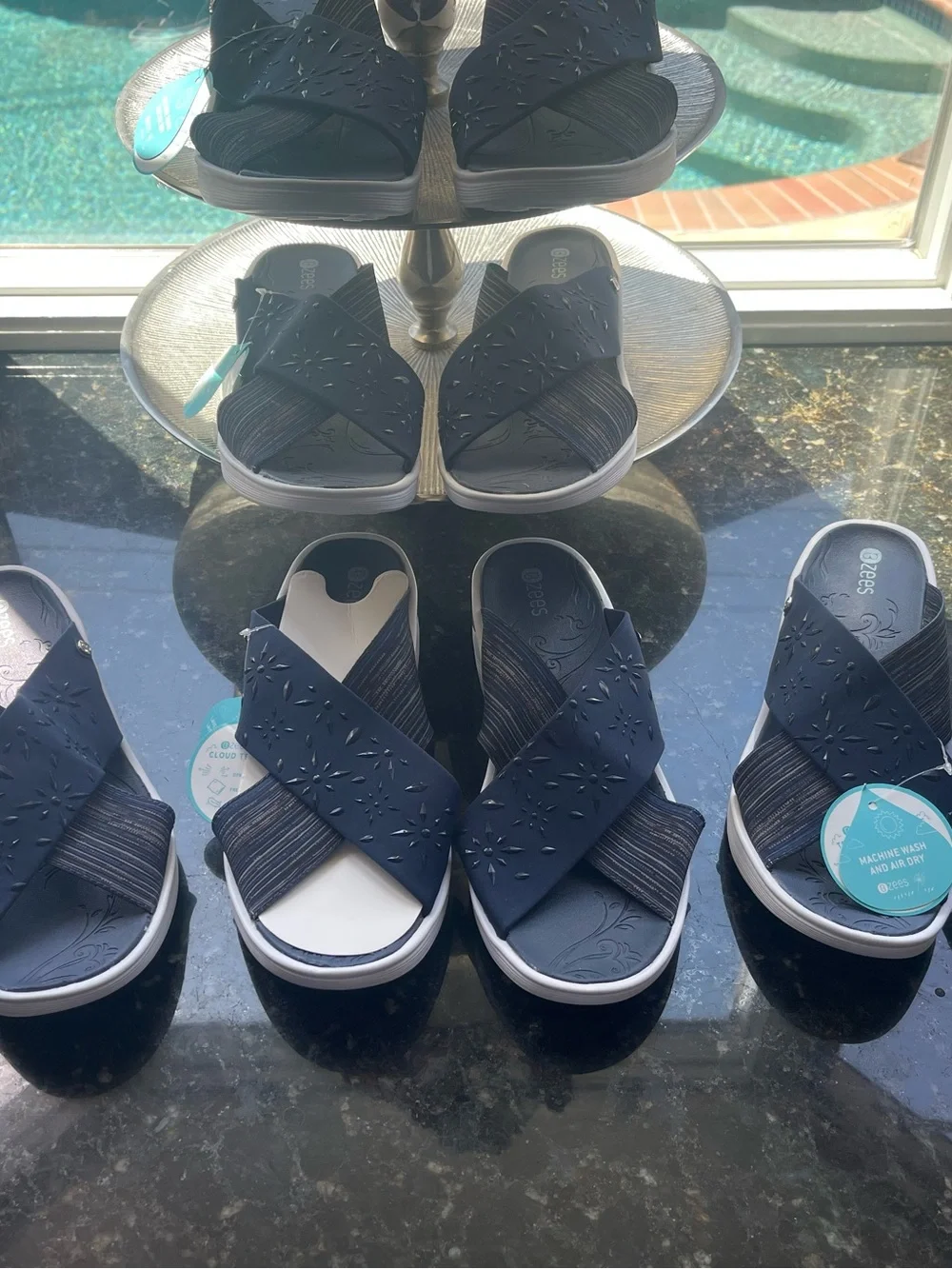 Bzees Navy Crisscross Slip-On Sandals with Floral Cutouts